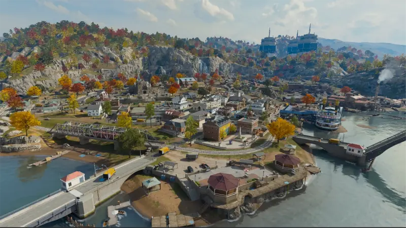 Luchtfoto van het stadje Haven's Hollow in herfstkleuren