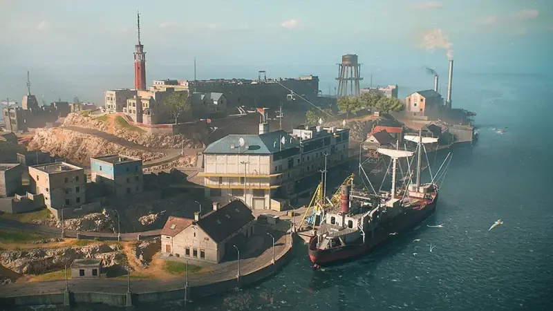 Luchtfoto van Rebirth Island met een schip bij de haven