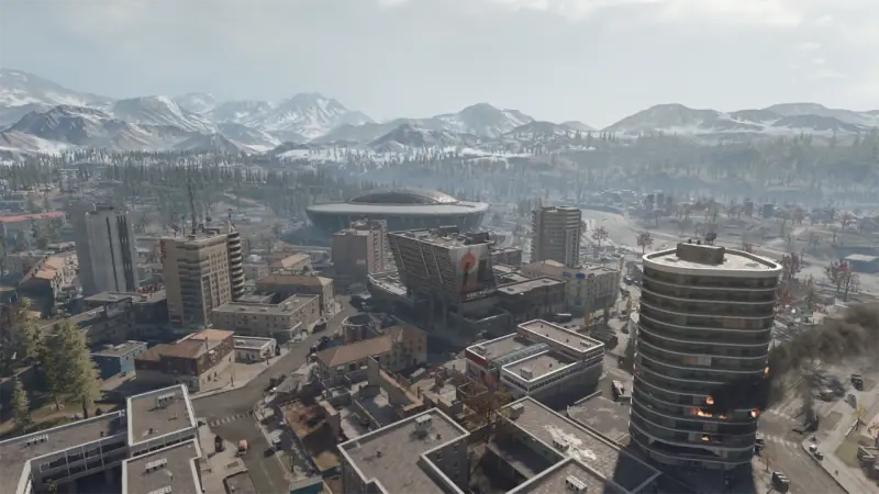 Luchtfoto van Verdansk met bergen op de achtergrond